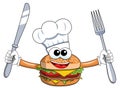 Cartoon hamburger character cook fork and knife isolated