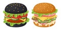 Cartoon hamburgers. Classic and black burgers, American cheeseburger and bacon burger with vegetables, cheese, beef, bacon and