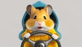 Cartoon hamster in a hoodie behind steering wheel - Novice driver concept