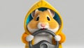 Cartoon hamster in a hoodie behind steering wheel - Novice driver concept