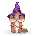 Cartoon hamster wearing purple witch hat with broom, potion or pumpkin jack. Halloween