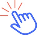 Cartoon hand cursor clicking with index finger making bright light effect, simple outline vector illustration isolated