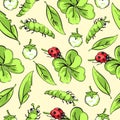 Cartoon hand drawing beetle ladybug and caterpillars, leaves and flowers of clover seamless pattern, vector background Royalty Free Stock Photo