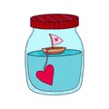 Cartoon hand drawn art of ship with heart in a glass jar. Design concept art for kids print, greeting card, baby boy poster. Love