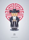 Cartoon hand drawn Asian gray-haired old man in national clothes Royalty Free Stock Photo