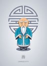 Cartoon hand drawn Asian gray-haired wise old man in national cl