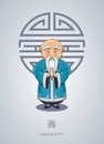 Cartoon hand drawn Asian gray-haired wise old man in national cl