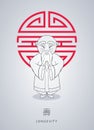 Cartoon hand drawn Asian gray-haired wise old man in national clothes with ornament on background of symbol longevity.