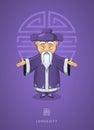 Cartoon hand drawn Asian wise old man in traditional clothes on Royalty Free Stock Photo