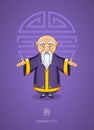 Cartoon hand drawn Asian wise old man in traditional clothes on