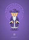 Cartoon hand drawn Asian wise old man in traditional clothes on