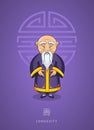 Cartoon hand drawn Asian wise old man in traditional clothes