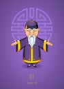 Cartoon hand drawn Asian wise old man in traditional clothes on Royalty Free Stock Photo