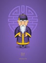 Cartoon hand drawn Asian wise old man in traditional clothes on