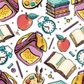 Cartoon hand-drawn Back to School seamless pattern. Lots of symbols, objects and elements. Perfect funny background. Vector Royalty Free Stock Photo