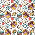 Cartoon hand-drawn Back to School seamless pattern. Lots of symbols, objects and elements. Perfect funny background. Vector Royalty Free Stock Photo