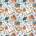Cartoon hand-drawn Back to School seamless pattern. Lots of symbols, objects and elements. Perfect funny background. Vector