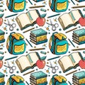 Cartoon hand-drawn Back to School seamless pattern. Lots of symbols, objects and elements. Perfect funny background. Vector