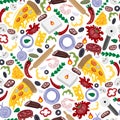 Cartoon hand-drawn doodles Italian food illustration. Seamless pattern. Colorful detailed, with lots of objects vector design Royalty Free Stock Photo