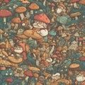 Cartoon hand-drawn doodles mushrooms seamless pattern. Colorful detailed, with lots of objects background. Funny vector Royalty Free Stock Photo