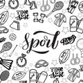 Cartoon hand drawn doodles Sport poster template. Funny vector artwork. Corporate identity design. Royalty Free Stock Photo