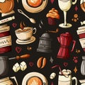 Cartoon hand-drawn doodles on the subject of cafe, coffee shop theme seamless pattern. Colorful detailed, with lots of Royalty Free Stock Photo