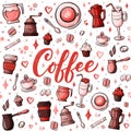Cartoon hand-drawn doodles on the subject of cafe, coffee shop theme seamless pattern. Colorful detailed, with lots of Royalty Free Stock Photo