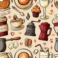 Cartoon hand-drawn doodles on the subject of cafe, coffee shop theme seamless pattern. Colorful detailed, with lots of objects vec Royalty Free Stock Photo
