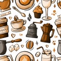 Cartoon hand-drawn doodles on the subject of cafe, coffee shop theme seamless pattern. Colorful detailed, with lots of objects vec Royalty Free Stock Photo