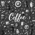 Cartoon hand-drawn doodles on the subject of cafe, coffee shop theme seamless pattern. Colorful detailed, with lots of objects vec Royalty Free Stock Photo