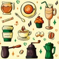 Cartoon hand-drawn doodles on the subject of cafe, coffee shop theme seamless pattern. Colorful detailed, with lots of Royalty Free Stock Photo