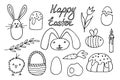 cartoon hand drawn Easter vector doodle set: bunnies, flowers, easter eggs, cakes, basket, chicken, carrot, bee, candle Royalty Free Stock Photo