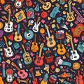 Cartoon hand-drawn guitar doodles seamless pattern. Vector illustration Royalty Free Stock Photo