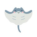 Cartoon hand drawn happy baby stingray on isolated white background. Character of the sea animals for the logo, mascot Royalty Free Stock Photo