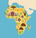 Cartoon hand drawn illustrated map of Africa with tribal hut icons, endemc trees, plants and Madagascar island.