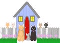 Illustration drawing of cat family in front of house