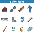 Cartoon hand drawn illustration with skiing equipment