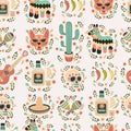 Cartoon hand-drawn latin american, mexican seamless pattern. Lots of symbols, objects and elements. Perfect funny vector