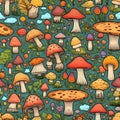 Cartoon hand-drawn mushrooms seamless pattern. Colorful vector background Royalty Free Stock Photo