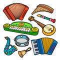 Cartoon hand drawn musical kids toys objects set