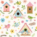 Cartoon hand drawn seamless pattern with birds, bird houses, flowers, leaves Royalty Free Stock Photo