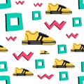 Cartoon hand drawn seamless vector pattern with Doodle icon elements. Vector background with sneakers. Funny children`s drawing. Royalty Free Stock Photo