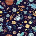 Cartoon hand-drawn space, planets seamless pattern. Lots of symbols, objects and elements. Printable templates