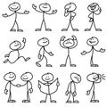 Cartoon hand drawn stick man in different poses vector set