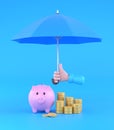 Cartoon hand holding blue umbrella to protect money. illustration for savings concept Royalty Free Stock Photo