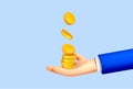 Cartoon hand holding falling coins isolated on blue background. Vector 3D illustration