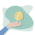 Cartoon hand holding a golden bitcoin on the abstract background. Cryptocurrency golden money. Digital blockchain symbol. Vector i Royalty Free Stock Photo