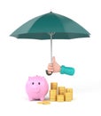 Cartoon hand holding green umbrella to protect money. illustration for savings concept Royalty Free Stock Photo