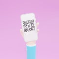 cartoon hand holding mobile smartphone with scan QR code. Scanning QR code and online payment, money transfer. Electronic, digital Royalty Free Stock Photo