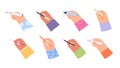 Cartoon hand holding pen, pencil, brush, marker and highlighter. People hands writing gestures with work or education